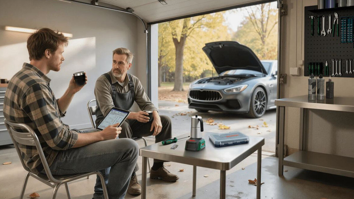 Kawiarka BOSCH Dailyhelpers Easymoka 2 TZ Inox, kawa, espresso, mobilność, podróż, Dwóch mężczyzn pije kawę w warsztacie.