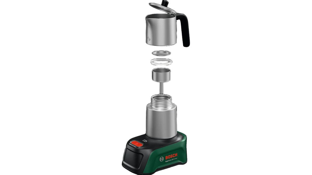 Kawiarka BOSCH Dailyhelpers Easymoka 2 TZ Inox, power for all, kompatybilność, system, bateria, Rozłożone części składowe kawiarki.