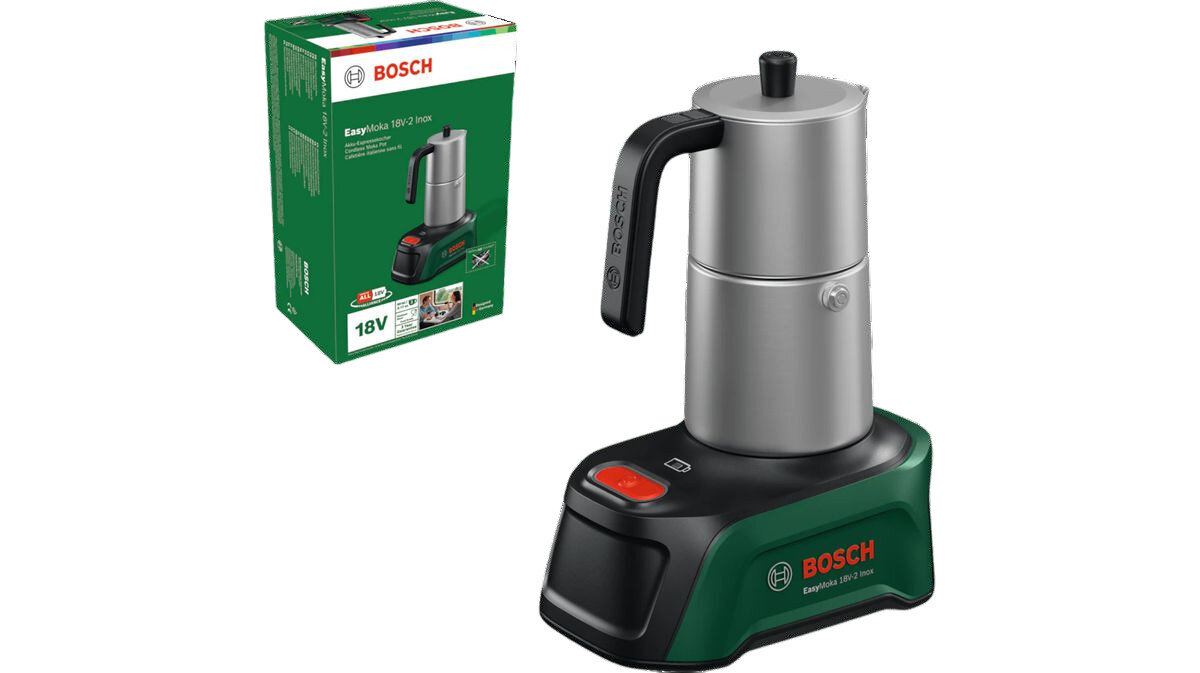 Kawiarka BOSCH Dailyhelpers Easymoka 2 TZ Inox, komplet, zawartość, opakowanie, instrukcja, Pudełko oraz urządzenie na czarnym tle.