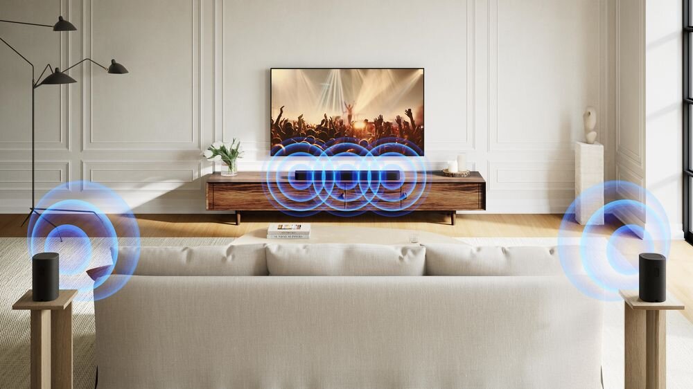 Soundbar SONY BRAVIA Theatre Bar 7 HT-A7100 kompatybilność subwoofery tylne głośniki Multi Stereo, soundbar stojący na komodzie pod wiszącym telewizorem