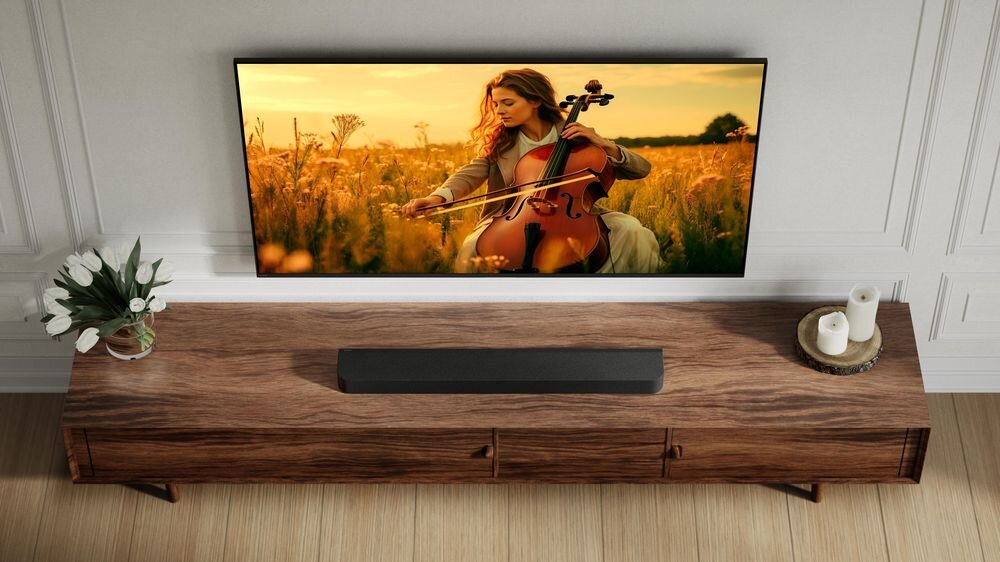 Na drewnianej szafce znajduje się czarny soundbar, a nad nim wisi telewizor z obrazem kobiety grającej na wiolonczeli w polu. Obok soundbara stoją dwie białe świece i wazon z kwiatami.