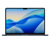 Laptop z wyświetlaczem pokazującym abstrakcyjną grafikę w odcieniach niebieskiego i żółtego. Na obudowie widoczne jest logo producenta: APPLE.