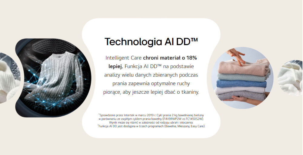 Obraz przedstawia tekst dotyczący technologii AI DD™, która chroni materiał o 18% lepiej, oraz zdjęcia tkanin i złożonych ręczników. Dodatkowy tekst informuje o testach przeprowadzonych przez Intertek w marcu 2019 roku.