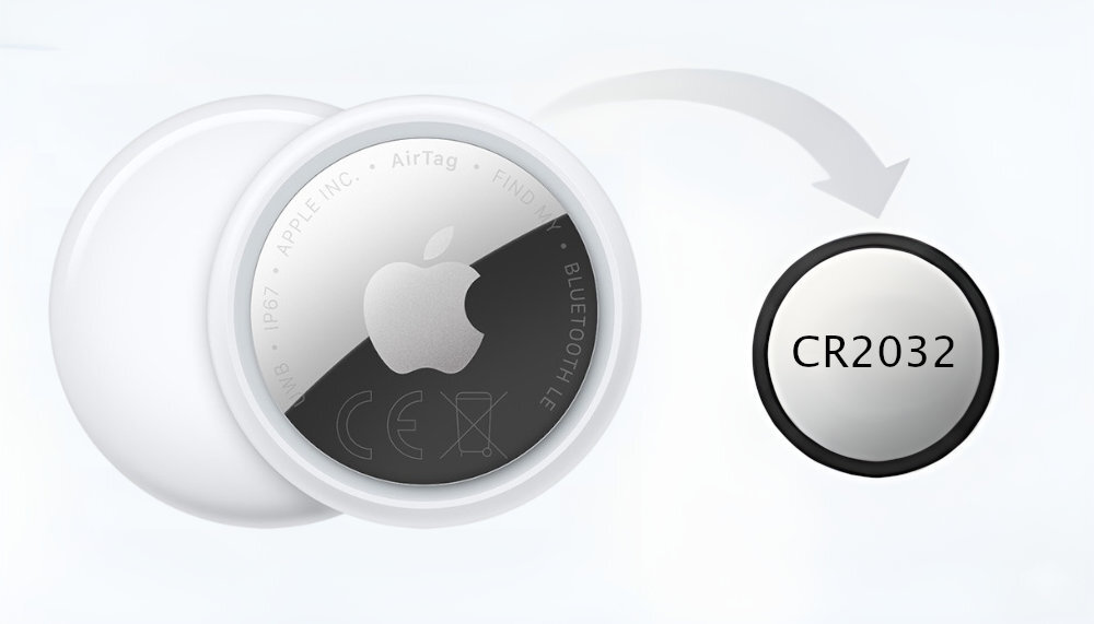 Na obrazie widoczny jest lokalizator z logo jabłka oraz bateria CR2032. Na lokalizatorze znajdują się napisy: \'IP67\', \'APPLE INC.\', \'AirTag\', \'FIND\', \'BLUETOOTH LE\'.