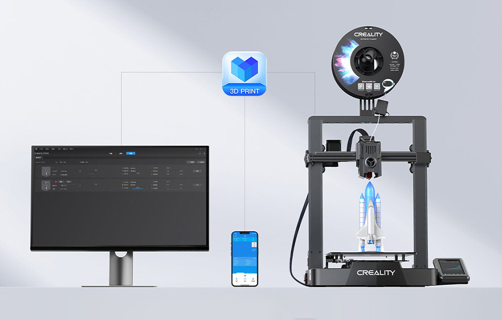 Na obrazie znajduje się drukarka 3D z logo \'CREALITY\', obok której widoczny jest monitor i smartfon. Nad drukarką unosi się ikona z napisem \'3D PRINT\'.