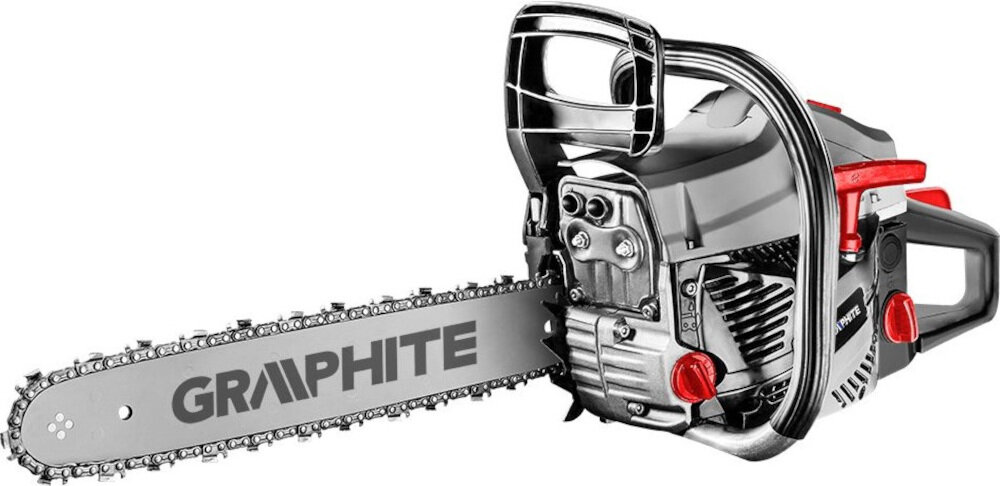 Na zdjęciu znajduje się piła spalinowa z widocznym logo \'GRAPHITE\' na prowadnicy. Urządzenie ma metaliczne i czerwone elementy konstrukcyjne.
