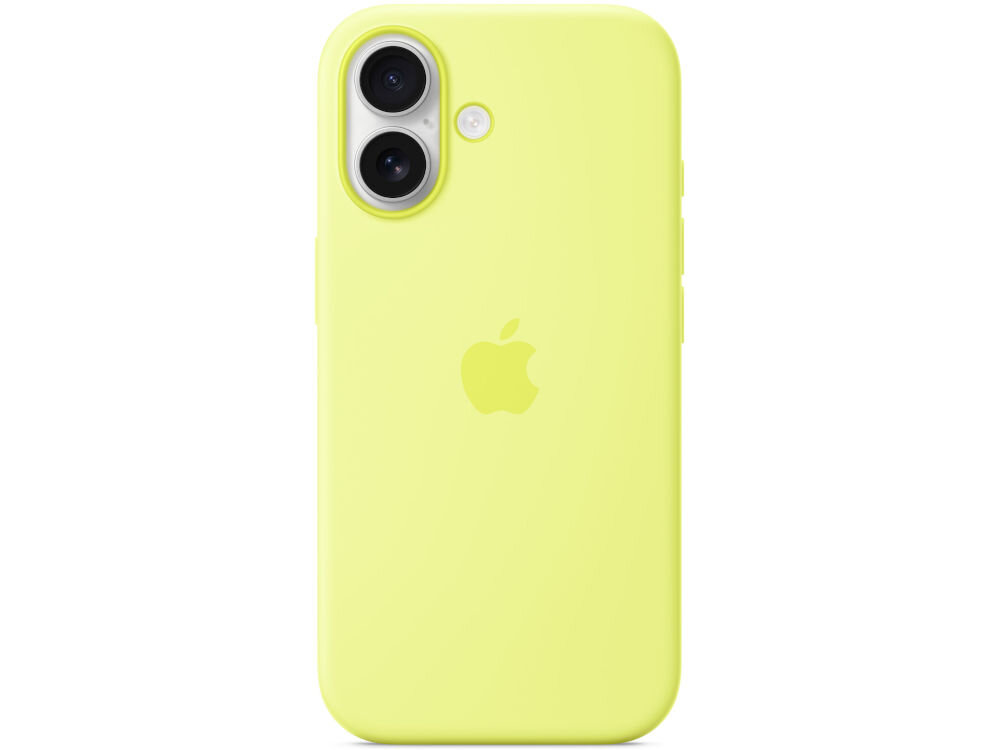 Neonowo żółte etui na telefon z logo jabłka na środku. Widoczne są dwa otwory na aparaty i jeden na lampę błyskową.