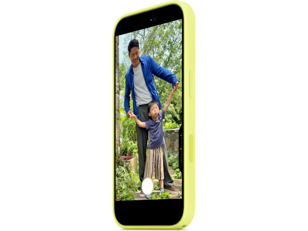 Smartfon w neonowo żółtym etui z widocznym zdjęciem dorosłego i dziecka na ekranie. Etui ma gładką powierzchnię i wycięcia na przyciski.