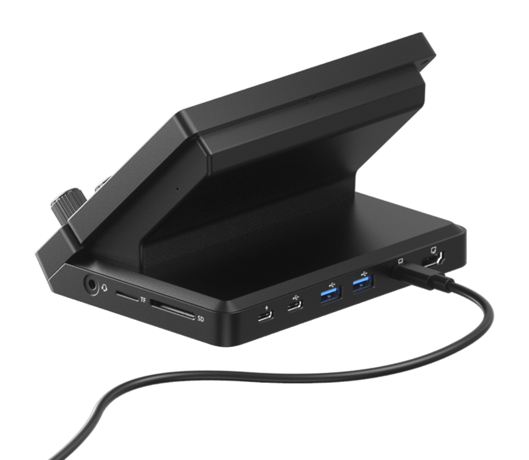 Czarny panel z kilkoma portami, w tym USB i czytnikami kart TF i SD, z podłączonym kablem. Urządzenie ma regulowany kąt nachylenia i pokrętło na boku.