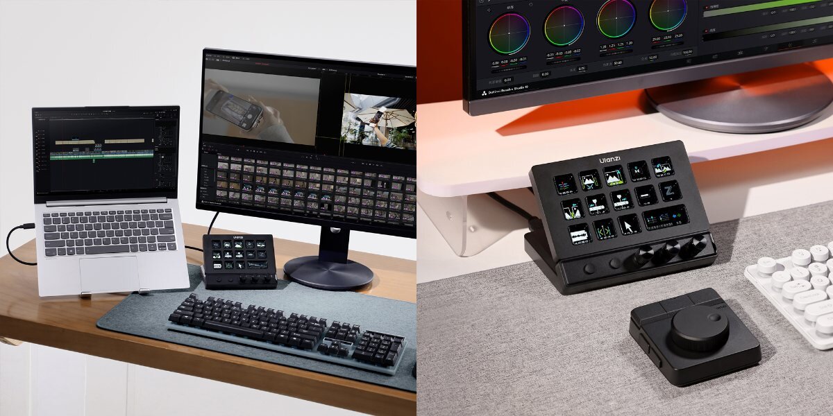 Na biurku znajduje się laptop, monitor, klawiatura oraz panel z przyciskami i pokrętłami. Obok monitora widoczny jest panel ULANZI z wyświetlanymi ikonami i napisem \'ULANZI\'.