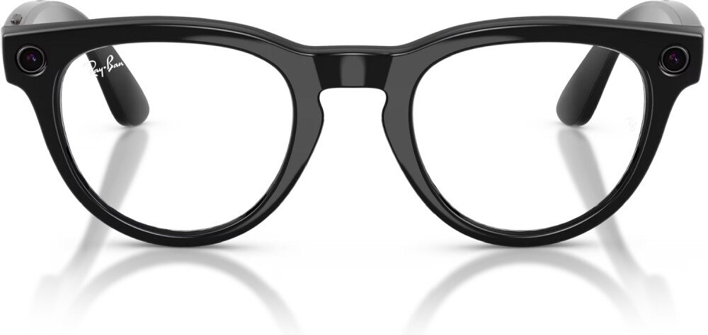 Czarne, błyszczące okulary z okrągłymi soczewkami i logo \'Ray-Ban\' na zauszniku.