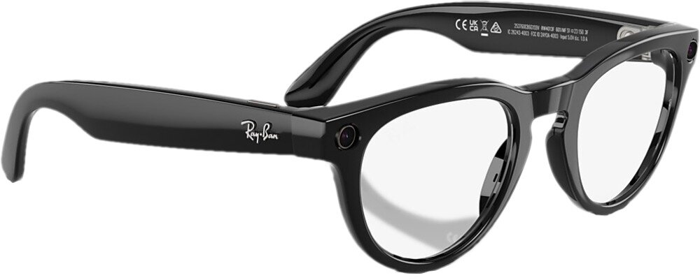 Czarne, błyszczące okulary z przezroczystymi soczewkami, na zauszniku widoczne logo \'Ray-Ban\'.