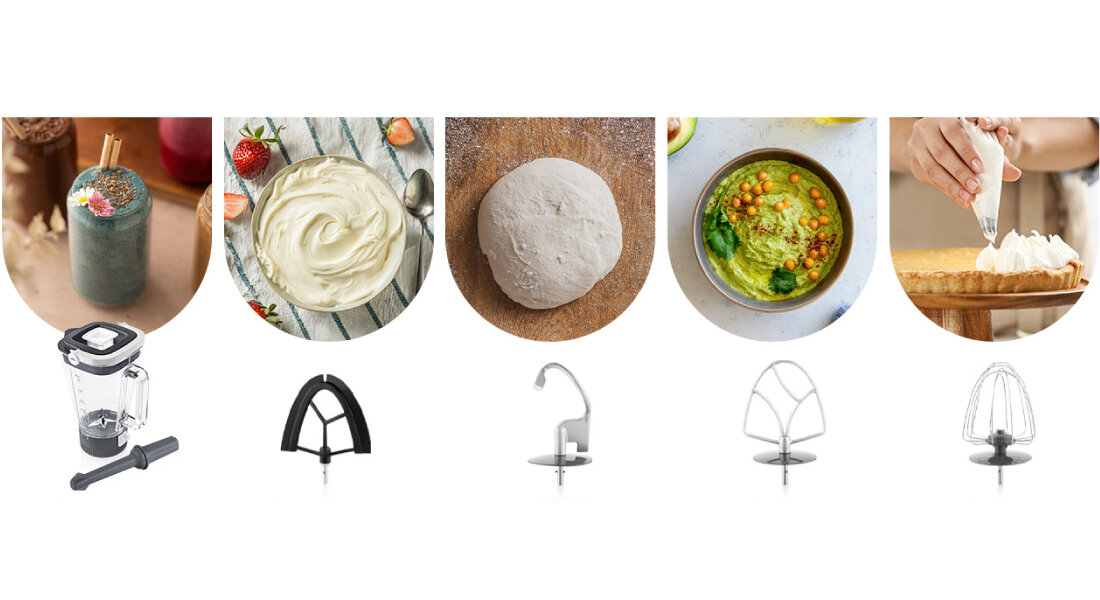 Obraz przedstawia różne akcesoria kuchenne i potrawy, w tym blender kielichowy, mieszadła oraz potrawy takie jak smoothie, krem, ciasto, hummus i deser z bitą śmietaną.