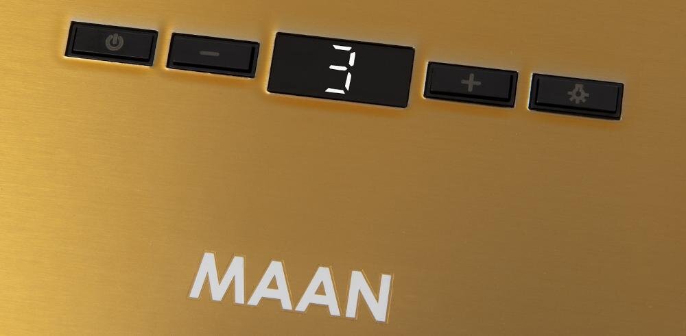 Złoty panel sterowania z przyciskami i wyświetlaczem pokazującym cyfrę \'3\'. Widoczne logo \'MAAN\'.