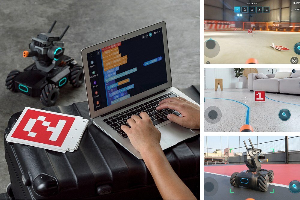 Osoba pracuje na laptopie z wyświetlonym interfejsem programistycznym, obok znajduje się robot z niebieskimi akcentami. Po prawej stronie widoczne są trzy zdjęcia przedstawiające robota w różnych sytuacjach, w tym na torze i w pomieszczeniu.