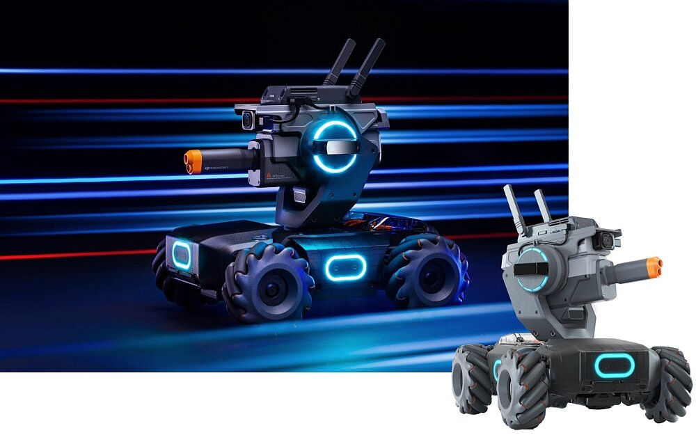 Na obrazie widoczny jest robot z czterema kołami, wyposażony w kamerę i anteny, z podświetleniem LED w kolorze niebieskim. Tło jest dynamiczne, z liniami świetlnymi w kolorach niebieskim i czerwonym.