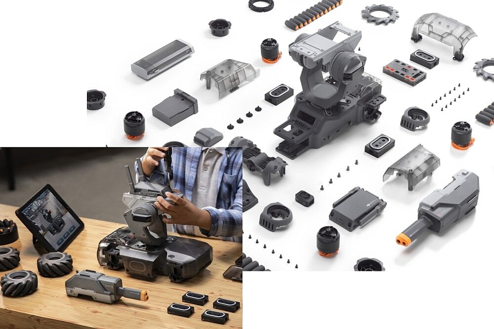 Obraz przedstawia rozłożone części robota, w tym koła, obudowy i elementy elektroniczne. W lewym dolnym rogu osoba montuje robota przy użyciu tabletu jako instrukcji.