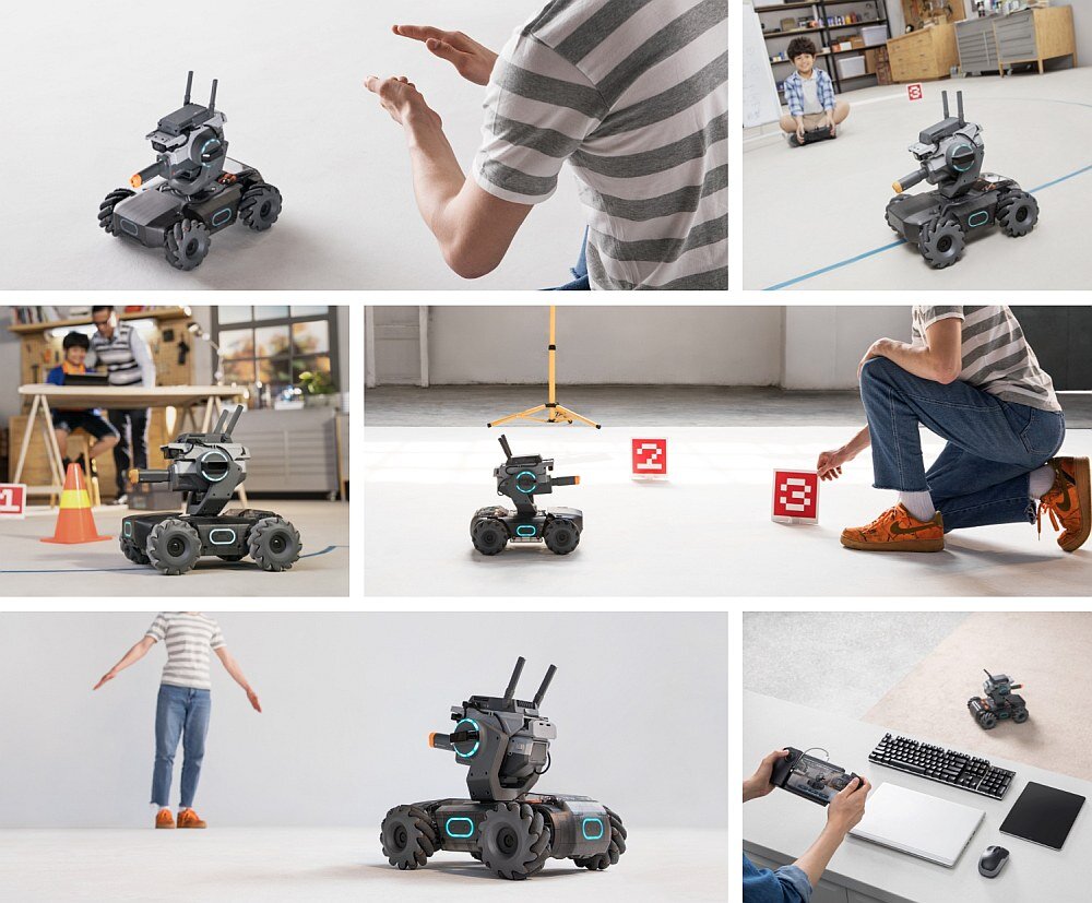 Na obrazach widać robota z czterema kołami i antenami, który jest używany w różnych sytuacjach, w tym w pobliżu osób i przedmiotów. Robot jest prezentowany w kontekście edukacyjnym i rozrywkowym, z widocznymi elementami sterowania zdalnego.