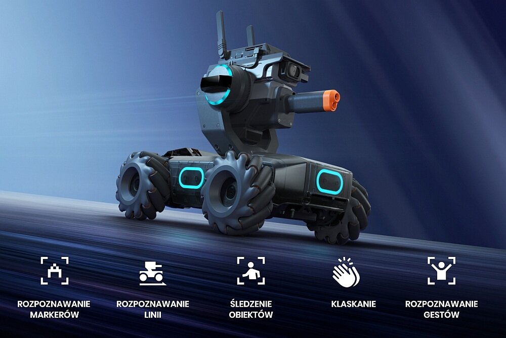 Na obrazie widoczny jest robot z czterema kołami i kamerą, z niebieskimi podświetleniami. Poniżej znajdują się ikony z napisami: ROZPOZNAWANIE MARKERÓW, ROZPOZNAWANIE LINII, ŚLEDZENIE OBIEKTÓW, KLASKANIE, ROZPOZNAWANIE GESTÓW.