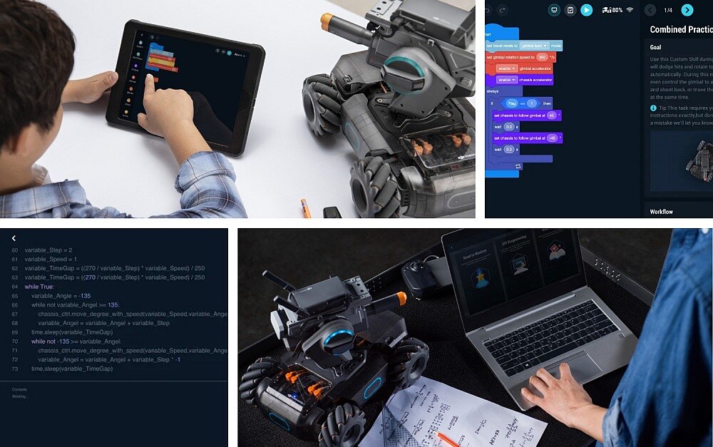 Obraz przedstawia robota zdalnie sterowanego oraz osobę obsługującą tablet z aplikacją do programowania. W tle widoczny jest laptop z otwartym edytorem kodu oraz notatki na kartce papieru.