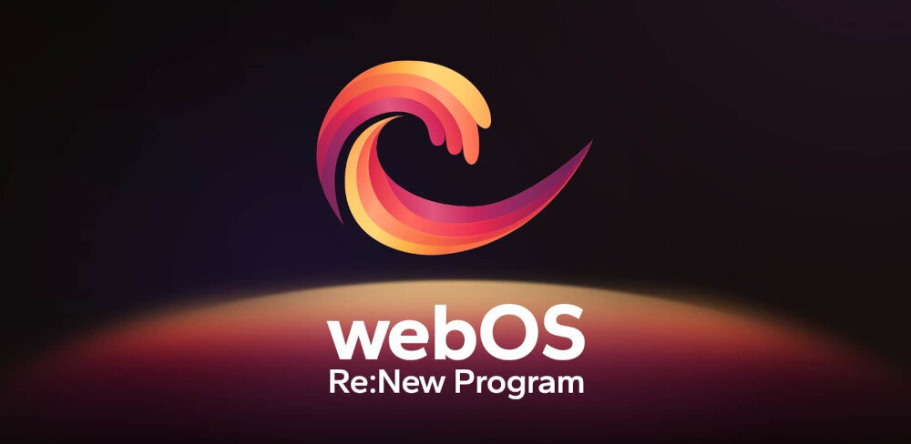 Logo w kształcie stylizowanej fali w odcieniach pomarańczu i różu na ciemnym tle. Pod logo znajduje się tekst: \'webOS Re:New Program\'.
