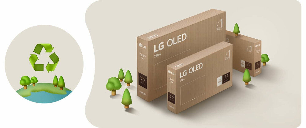 Na obrazie znajdują się trzy kartony z napisem \'LG OLED\', otoczone małymi drzewkami. Po lewej stronie widoczny jest symbol recyklingu nad fragmentem ziemi z drzewami.