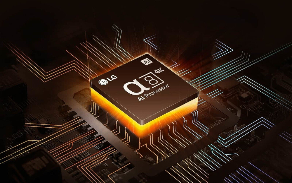 Obraz przedstawia procesor z napisem \'LG α9 4K AI Processor\' umieszczony na płytce drukowanej z widocznymi ścieżkami elektrycznymi. Procesor jest podświetlony pomarańczowym światłem.