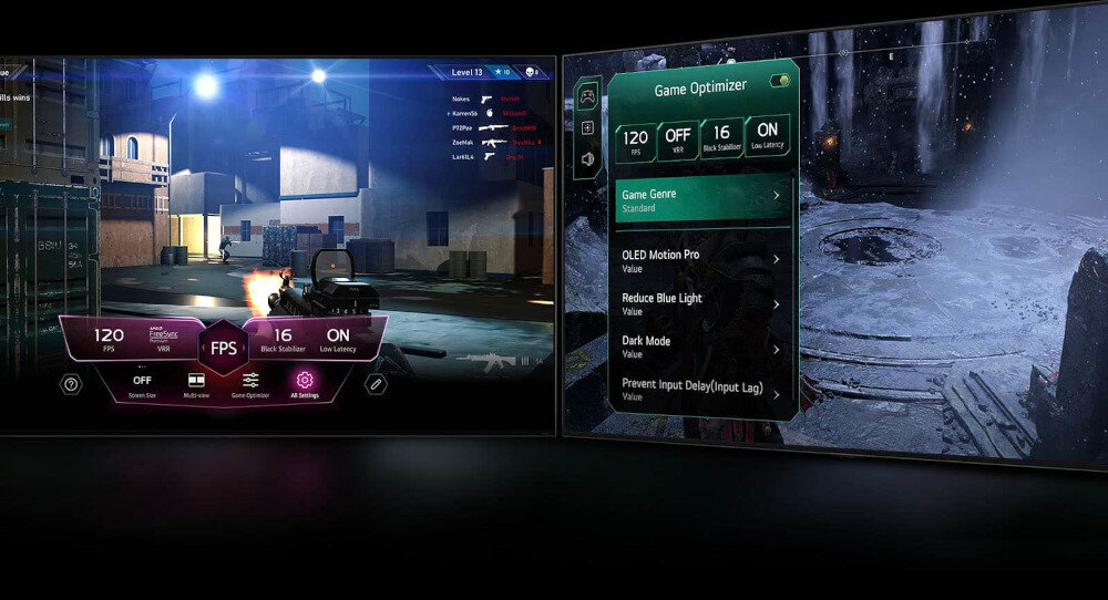 Obraz przedstawia dwa ekrany telewizora z grą wideo. Na jednym ekranie widoczne są statystyki gry, a na drugim menu \'Game Optimizer\' z opcjami takimi jak \'Game Genre\', \'OLED Motion Pro\', \'Reduce Blue Light\', \'Dark Mode\'.