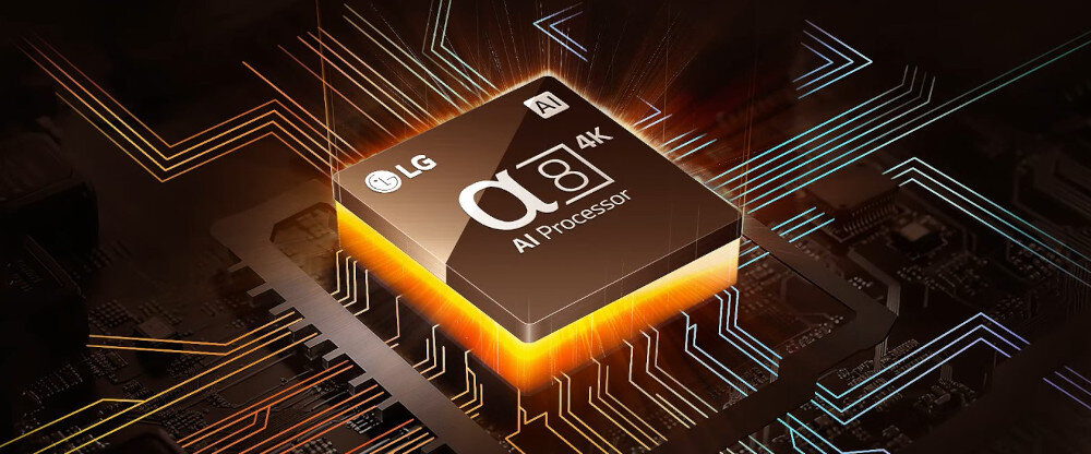 Obraz przedstawia procesor z napisem \'LG α9 AI Processor 4K\' otoczony kolorowymi liniami przypominającymi ścieżki na płytce drukowanej.