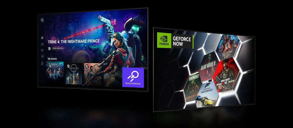 Obraz przedstawia dwa ekrany z interfejsem użytkownika. Na jednym ekranie widoczna jest gra \'Trine 4: The Nightmare Prince\', a na drugim logo NVIDIA GeForce NOW z kilkoma miniaturami gier.