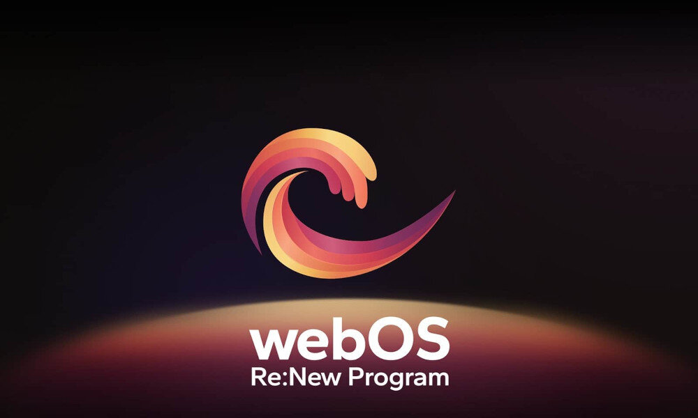 Logo w kształcie stylizowanej fali w odcieniach pomarańczu i różu na ciemnym tle. Pod logo znajduje się tekst: \'webOS Re:New Program\'.