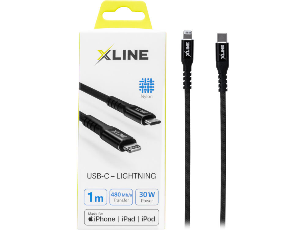 Opakowanie kabla USB-C - Lightning marki XLINE o długości 1m, z transferem 480 Mb/s i mocą 30W. Kabel jest wykonany z nylonu, a na opakowaniu widnieje logo XLINE.