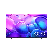 Telewizor z wyświetlaczem QLED prezentujący kolorowe, abstrakcyjne wzory w odcieniach fioletu i niebieskiego. Widoczne jest logo \'QLED\' w dolnym rogu ekranu.
