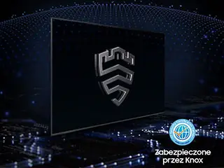 Obraz przedstawia telewizor z wyświetlonym symbolem tarczy na ekranie. W prawym dolnym rogu znajduje się napis \'Zabezpieczone przez Knox\'.
