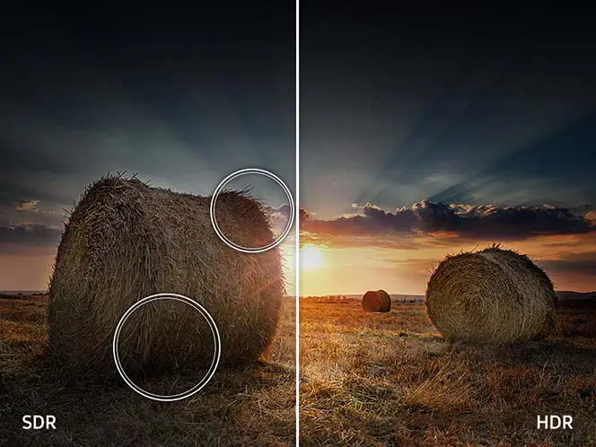 Obraz przedstawia porównanie jakości obrazu między SDR a HDR na tle pola z belami siana o zachodzie słońca. Po lewej stronie obraz jest ciemniejszy z napisem \'SDR\', a po prawej jaśniejszy z napisem \'HDR\'.