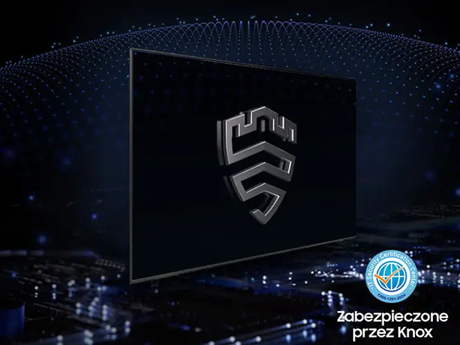 Na obrazie widoczny jest telewizor z wyświetlonym symbolem przypominającym tarczę. W prawym dolnym rogu znajduje się napis \'Zabezpieczone przez Knox\' oraz okrągłe logo z napisem \'Security Certification\'.