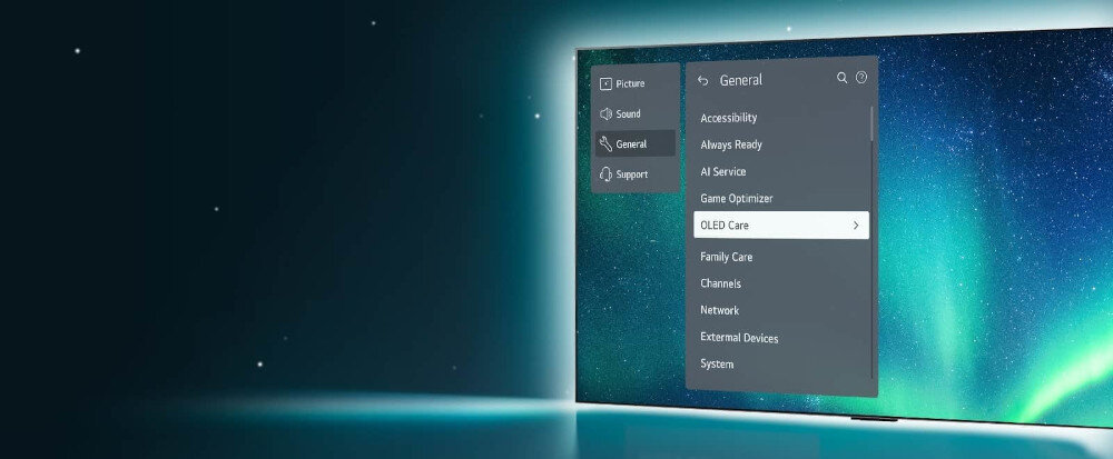 Na obrazie widoczny jest fragment telewizora z wyświetlonym menu ustawień. Menu zawiera opcje takie jak: Picture, Sound, General, Support, a w sekcji General widoczne są m.in. Accessibility, AI Service, Game Optimizer, OLED Care.