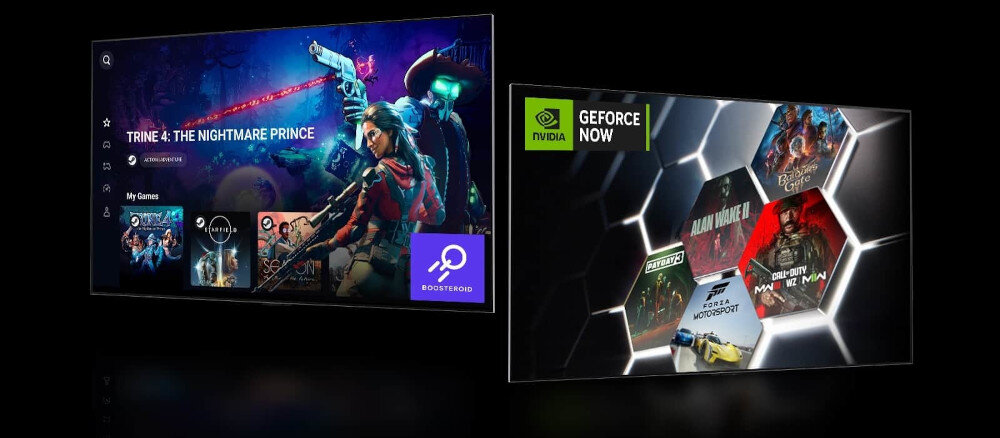 Obraz przedstawia dwa ekrany telewizora z interfejsem gier. Na jednym ekranie widoczny jest napis \'TRINE 4: THE NIGHTMARE PRINCE\', a na drugim logo \'NVIDIA GEFORCE NOW\' oraz kilka okładek gier.