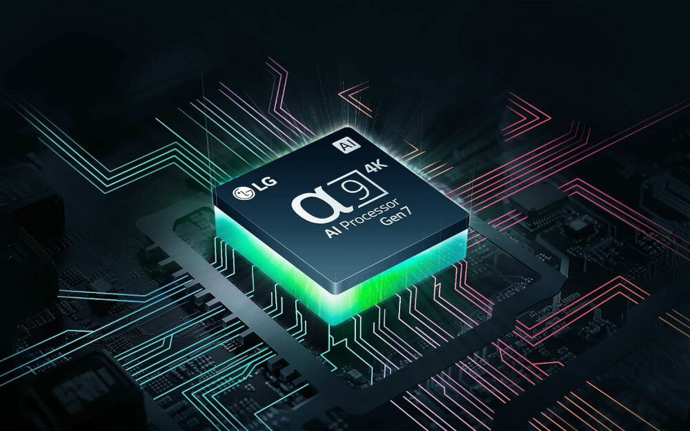 Obraz przedstawia procesor z napisem \'LG α9 4K AI Processor Gen7\' umieszczony na płytce drukowanej z widocznymi ścieżkami elektrycznymi.