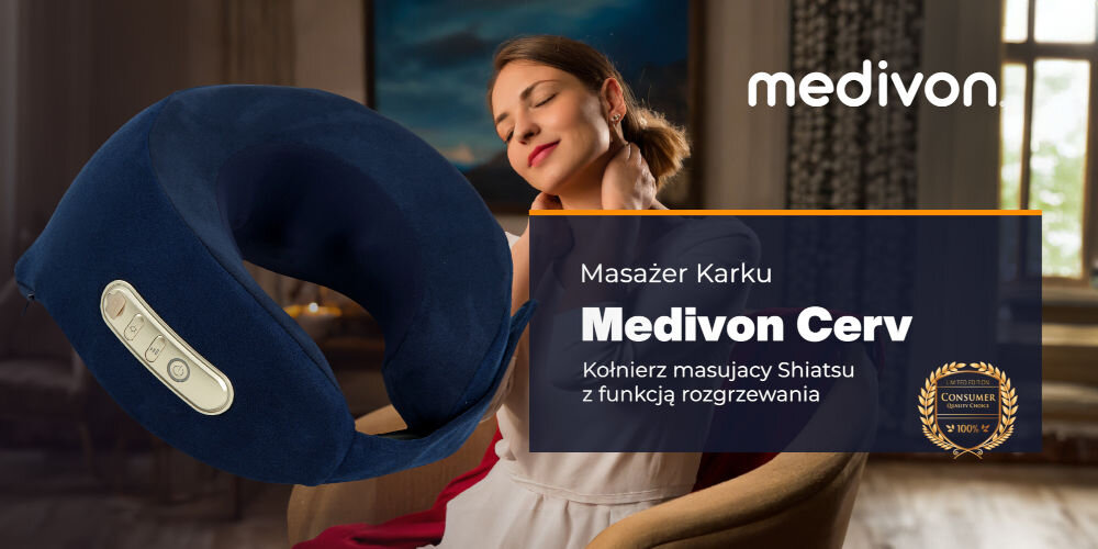 Masażer karku z widocznym panelem sterowania. Tekst: \'Masażer Karku Medivon Cerv Kołnierz masujący Shiatsu z funkcją rozgrzewania\'.