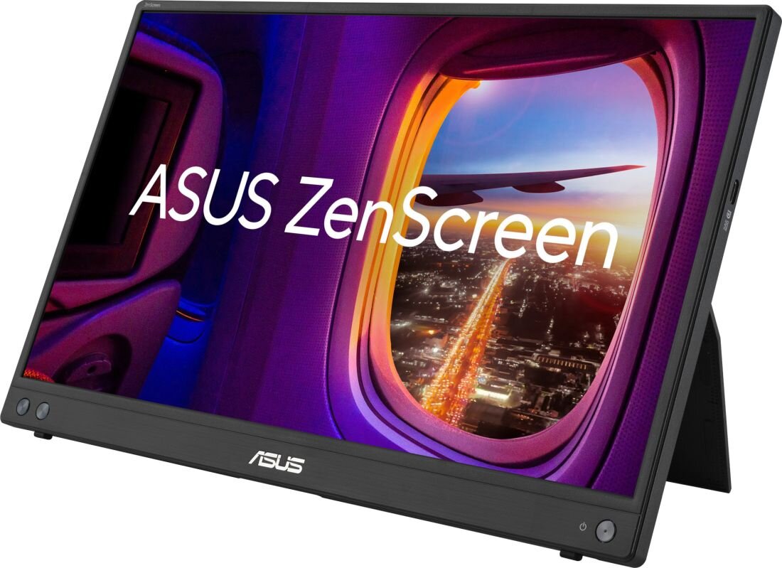 Monitor ASUS ZenScreen z wyświetlaczem pokazującym widok z okna samolotu na miasto nocą. Na ekranie widoczny jest napis \'ASUS ZenScreen\'.