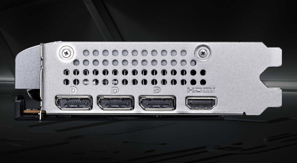 Obraz przedstawia tylny panel karty graficznej z trzema portami DisplayPort oznaczonymi literą \'D\' i jednym portem HDMI. Panel jest metalowy z otworami wentylacyjnymi i dwoma śrubami mocującymi.
