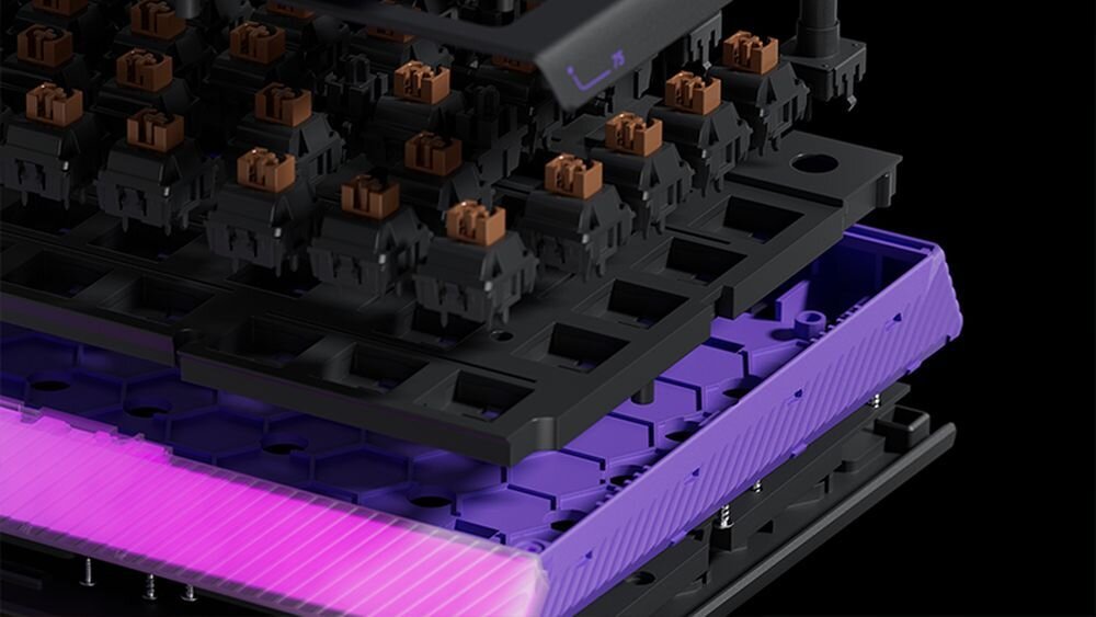 Klawiatura LOGITECH G512 X 75 gasket mount z elementami silikonowymi Logitech G512 X 75 nakładki PBT double-shot politereftalanu butylenu podwójnego wtrysku odpornością na zużycie trwałość oznaczeń klawiszy 44% plastiku pochodzącego z recyklingu - Warstwowy schemat budowy wnętrza klawiatury pokazujący płytkę i przełączniki