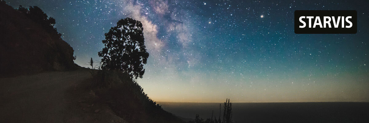 Nocne niebo z widoczną Drogą Mleczną i drzewem na tle horyzontu. W prawym górnym rogu znajduje się napis \'STARVIS\'.