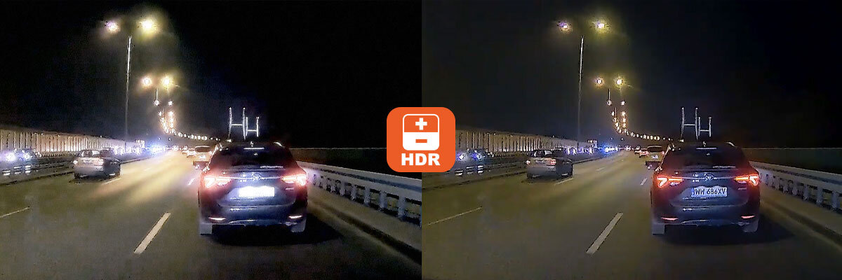Obraz przedstawia porównanie dwóch nagrań z wideorejestratora na drodze nocą, z ikoną HDR na środku. Po lewej stronie obraz jest jaśniejszy, a po prawej ciemniejszy.