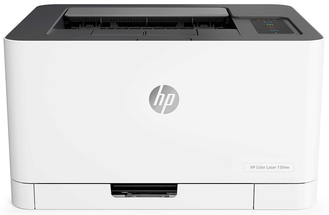 Biała drukarka z logo \'hp\' na przedniej części obudowy. Na obudowie widoczny jest napis \'HP Color Laser 150nw\'.