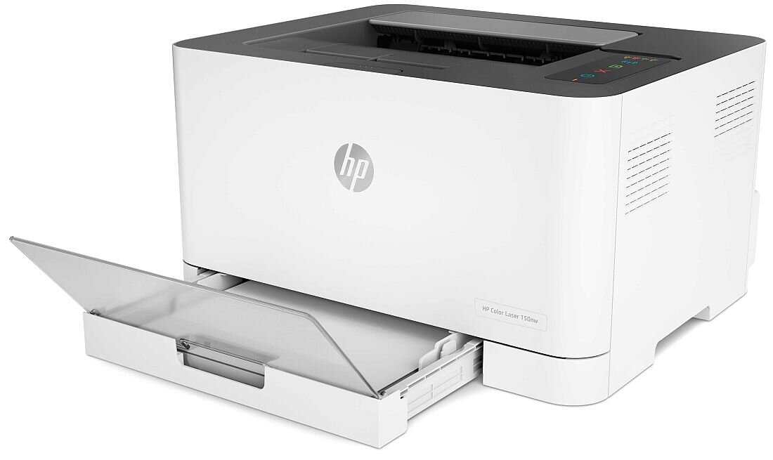 Biała drukarka z otwartą tacką na papier, na której widnieje logo HP. Na górze urządzenia znajdują się przyciski i wskaźniki LED.