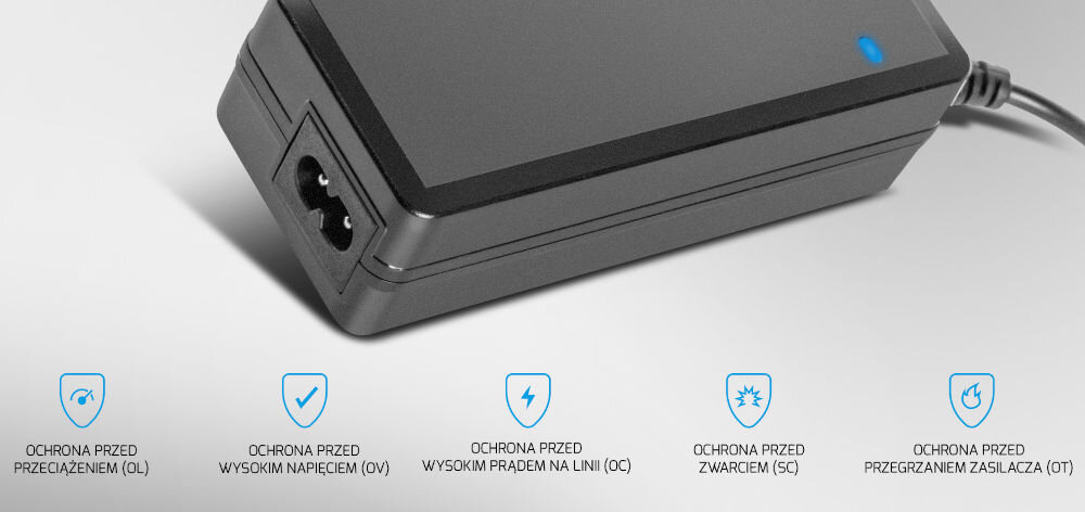 Na obrazie widoczny jest zasilacz do laptopa z niebieskim wskaźnikiem świetlnym. Pod zasilaczem znajdują się ikony z opisami: \'Ochrona przed przeciążeniem (OL)\', \'Ochrona przed wysokim napięciem (OV)\', \'Ochrona przed wysokim prądem na linii (OC)\', \'Ochrona przed zwarciem (SC)\', \'Ochrona przed przegrzaniem zasilacza (OT)\'.