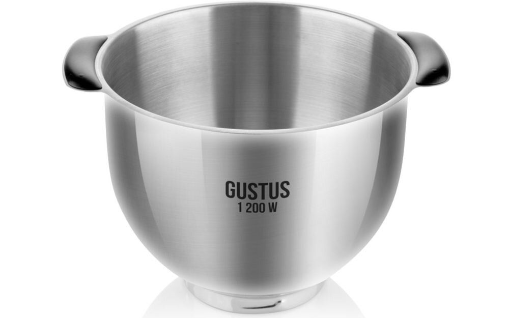 Metalowa misa z uchwytami, na której widnieje napis \'GUSTUS 1200 W\'.