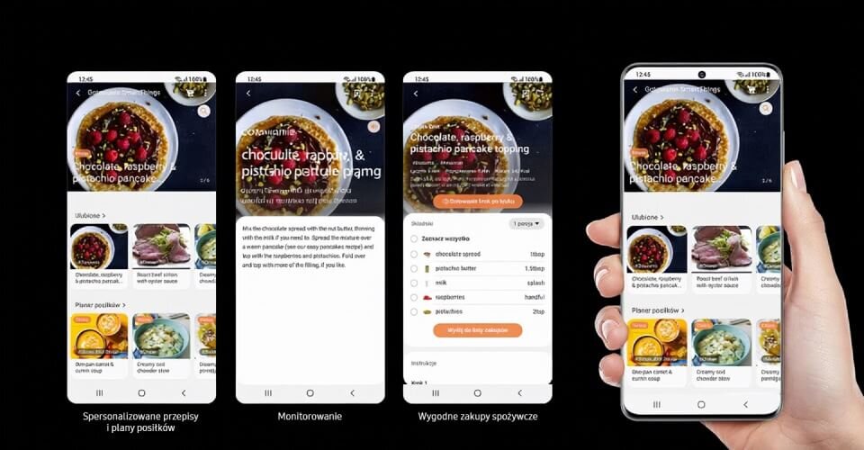 więcej przyjemności z gotowania z aplikacją SmartThings Cztery ekrany smartfona prezentujące aplikację kulinarną z przepisami i planami posiłków. Widoczne są zdjęcia potraw oraz listy składników, a na dole ekranu znajdują się napisy: \'Spersonalizowane przepisy i plany posiłków\', \'Monitorowanie\', \'Wygodne zakupy spożywcze\'.